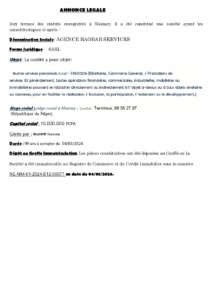 Lire la suite à propos de l’article ANNONCE LEGALE : AVIS DE CONSTITUTION DE SOCIETE